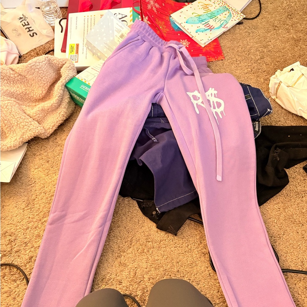 Purple Boot Cut Flare Pants with Graphic Design